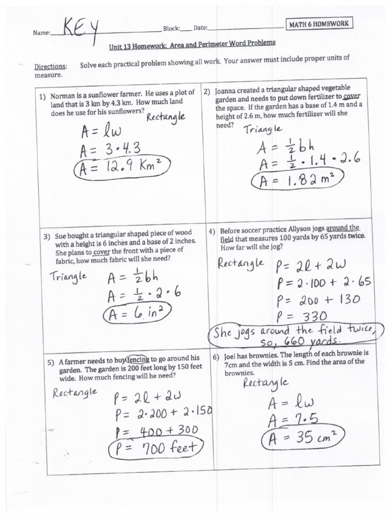 HW Key - Unit 13 Area and Perimeter Word Problems | PDF