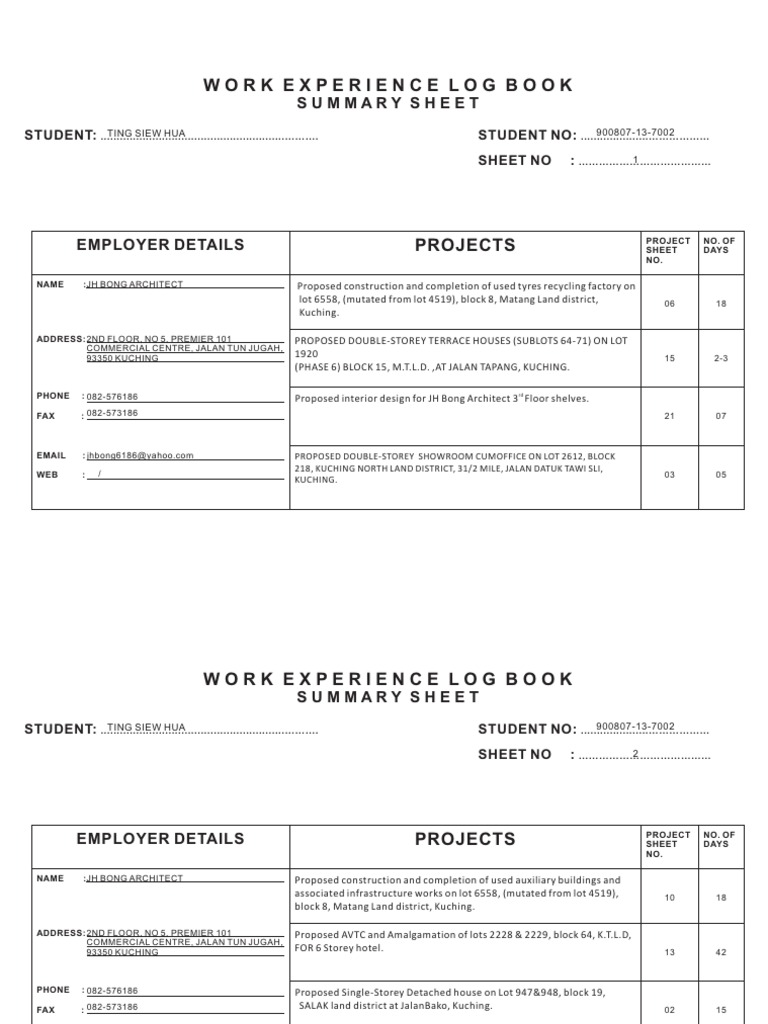 Work Experience Log Book: Summary Sheet | PDF | Houses | Buildings And ...