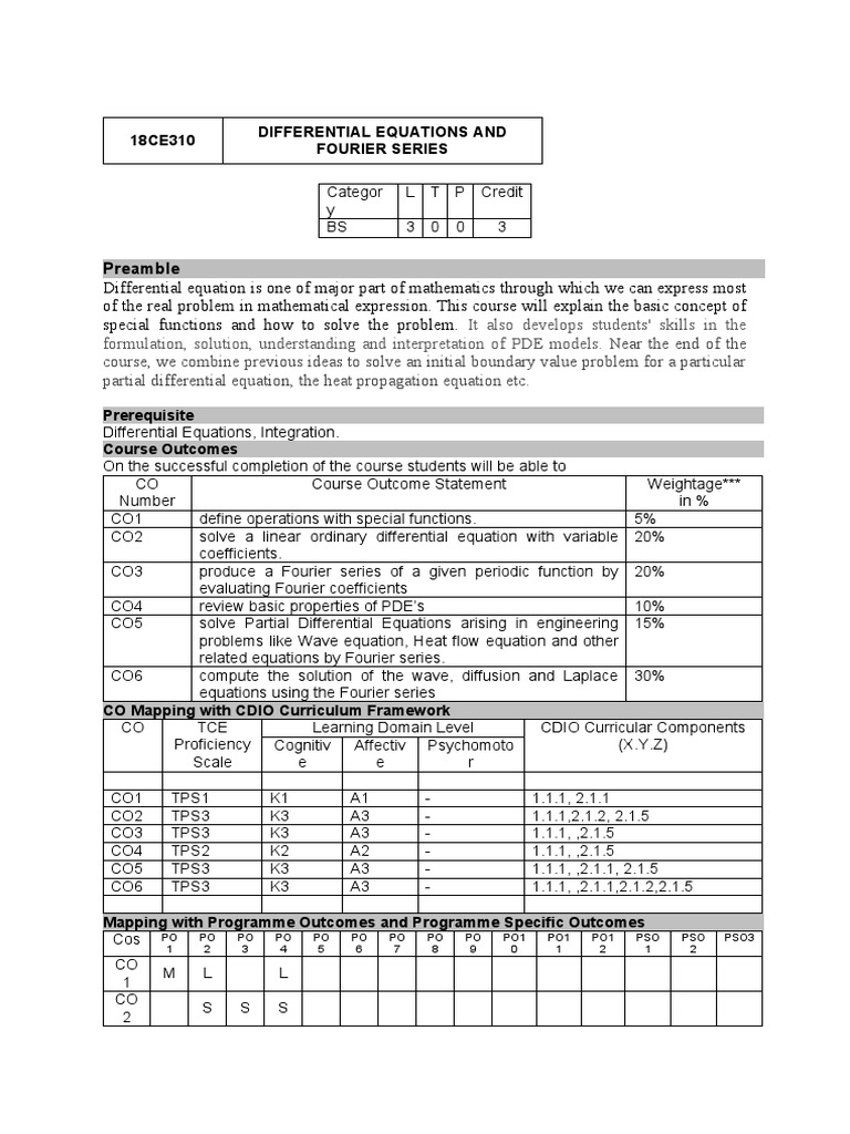 18CE310 Differential Equations and Fourier Series Syll | PDF | Fourier ...