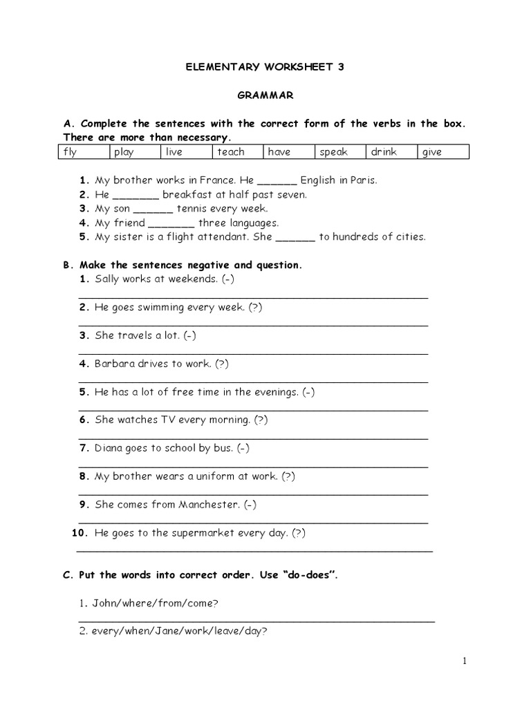 Elementary Grammar and Vocabulary Worksheet | PDF | Meal | Linguistics