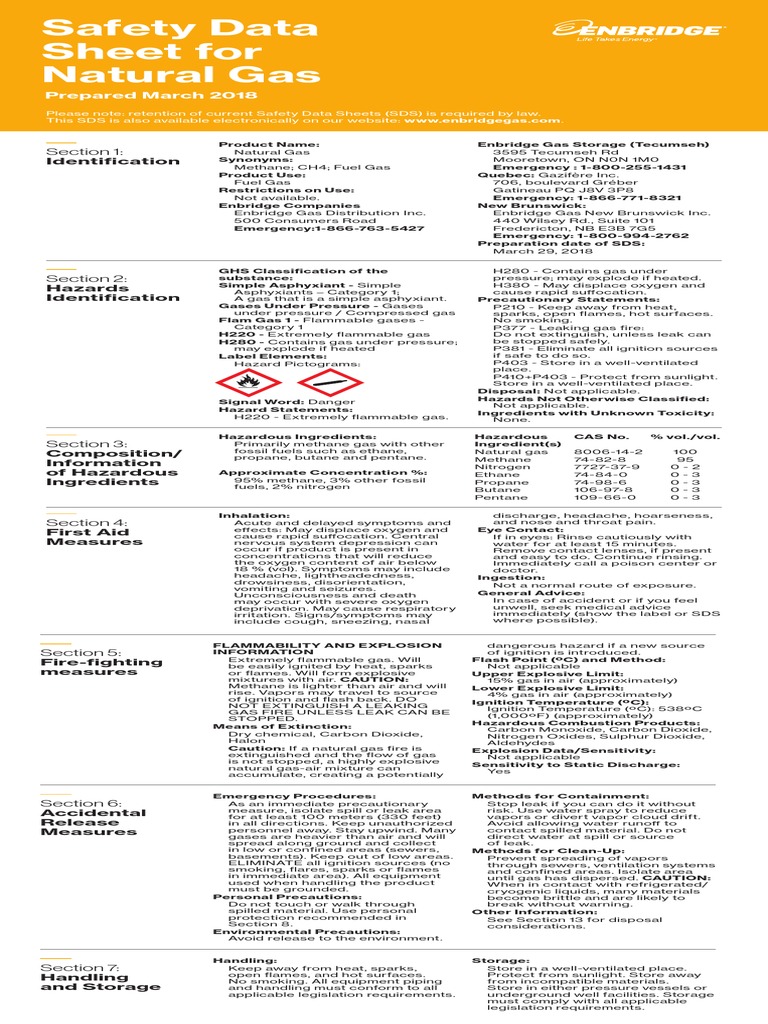 Safety Data Sheet for Natural Gas | PDF | Dangerous Goods | Combustion
