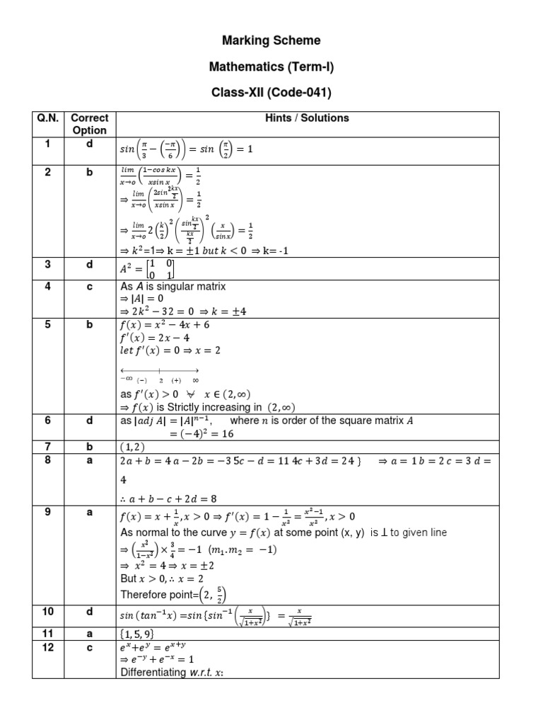 Marking Scheme Mathematics (Term-I) Class-XII (Code-041) : Q.N. Correct ...