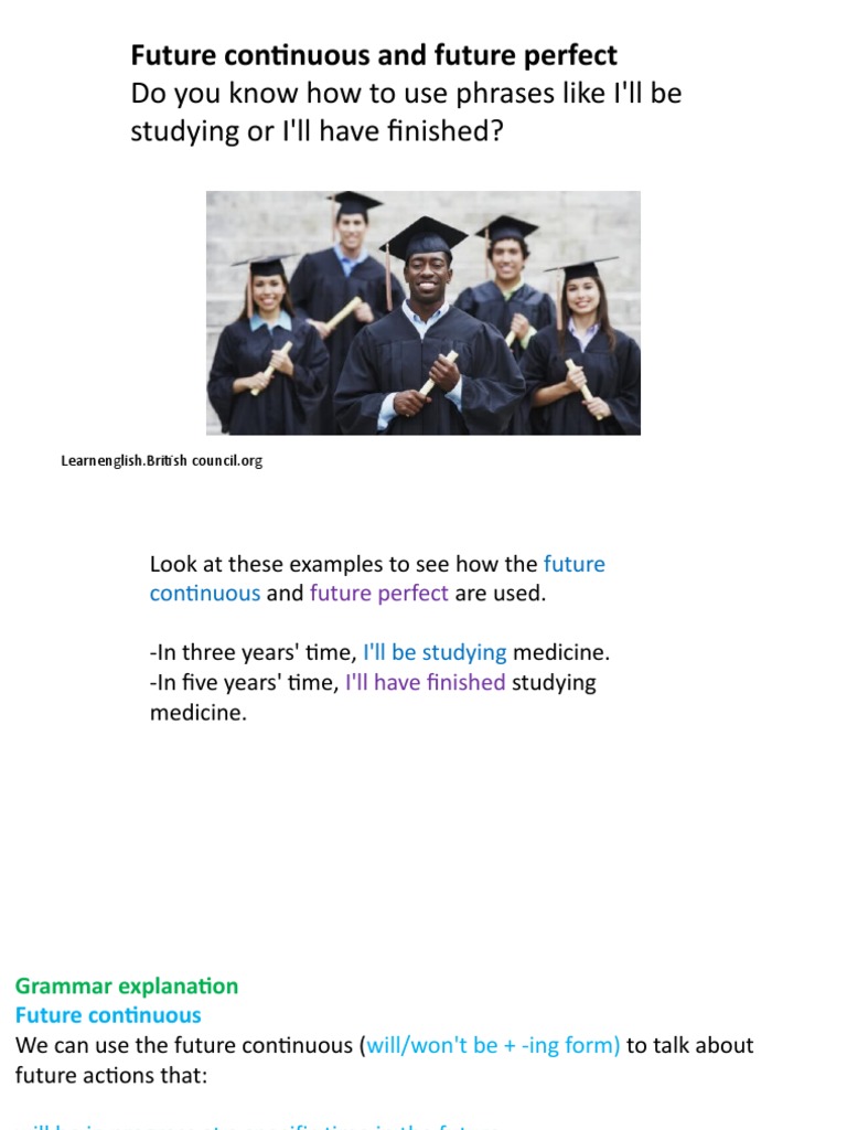 Future Continuous and Perfect Tenses Guide | PDF | Games & Activities