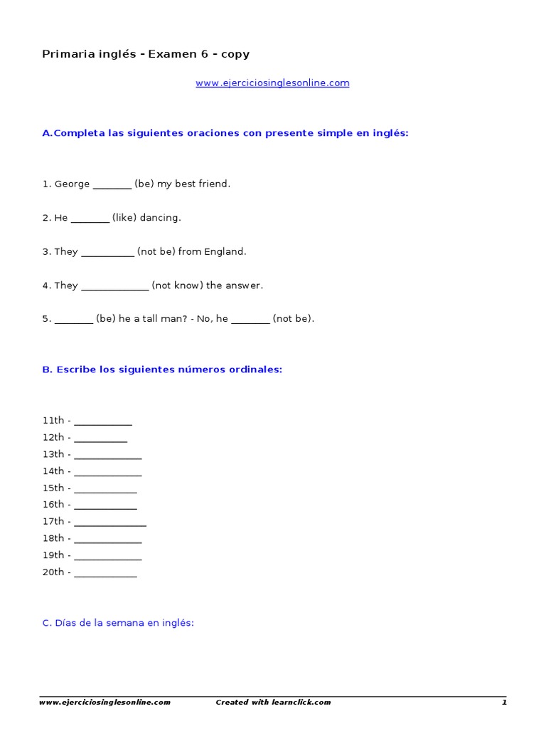 Ejercicios de Inglés 6° Primaria | PDF