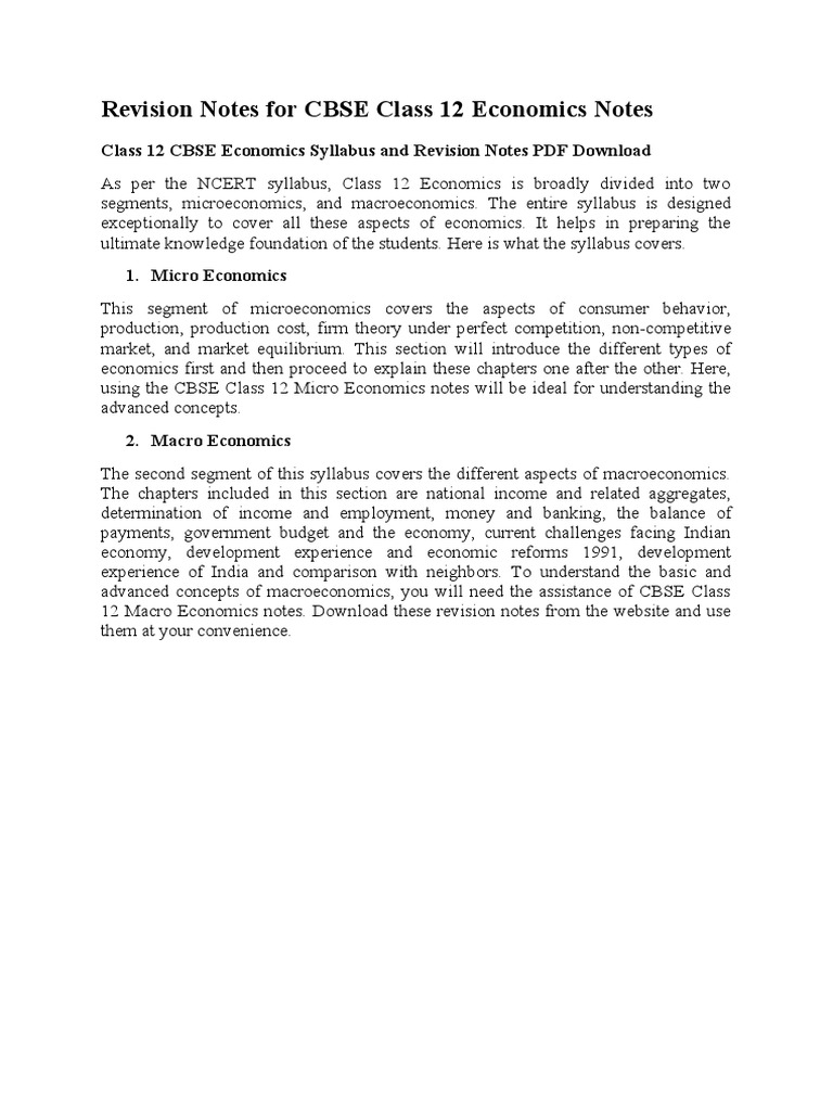 Class 12 CBSE Economics Syllabus and Revision Notes PDF Download | PDF ...