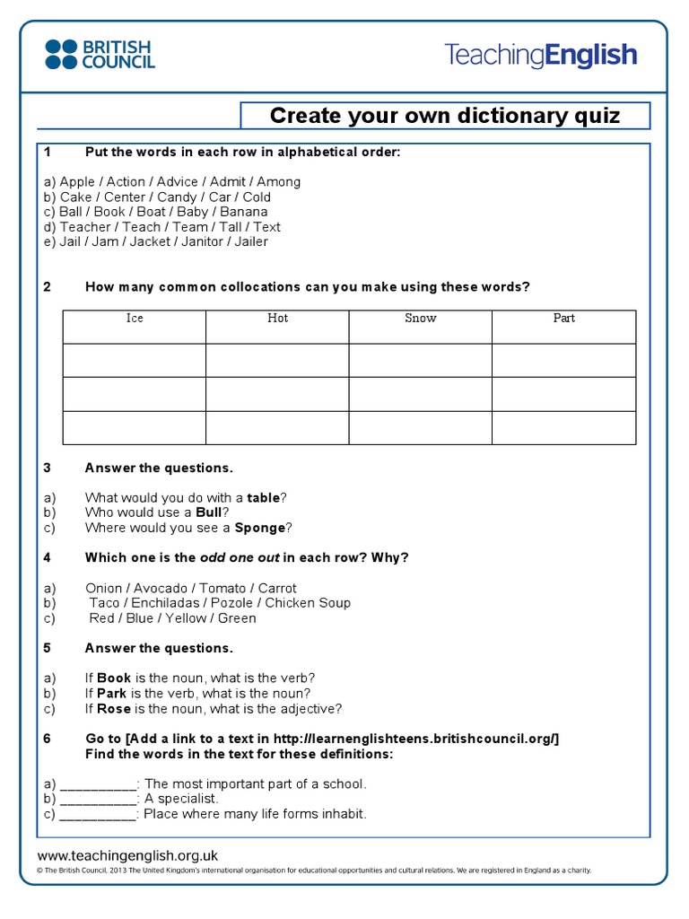 Create Your Own Dictionary Quiz PDF