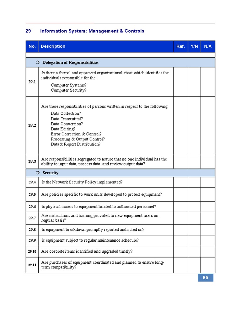 29 Information System: Management & Controls: No. Description Ref. Y/N ...