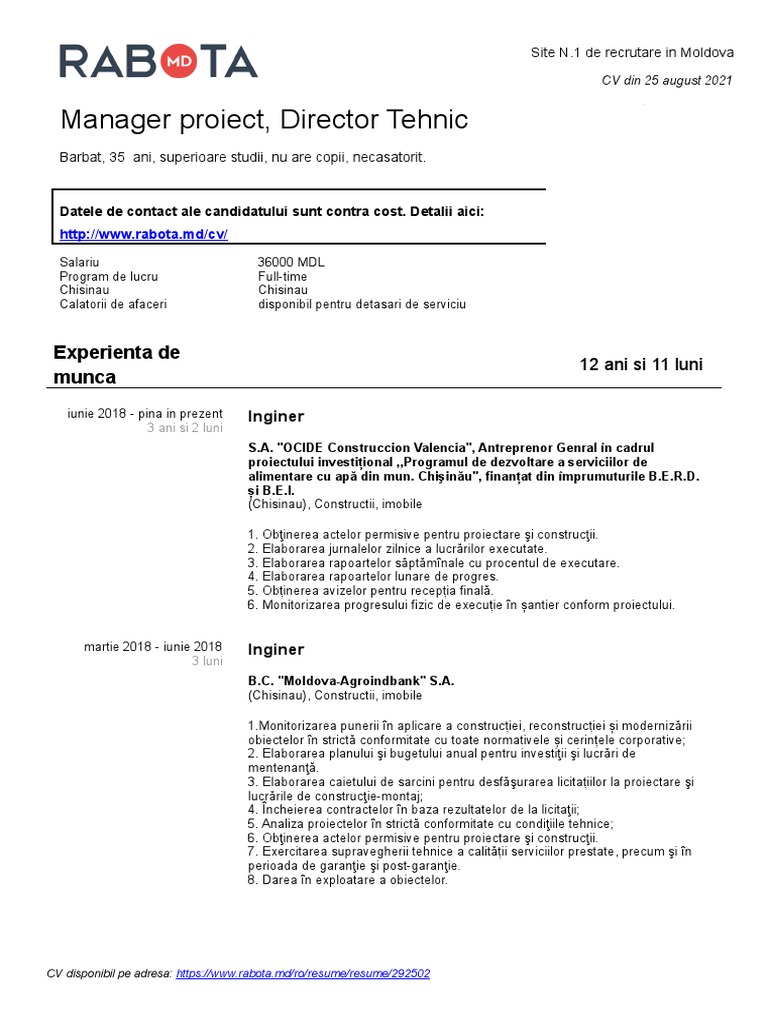 Rabota - MD CV 292502 Ro | PDF