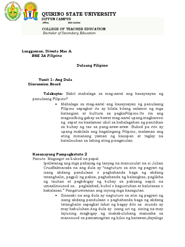 LIT 107 - DULAANG FILIPINO - (PRELIMS) L - ANGGAMAN, DIWATA MAE A ...