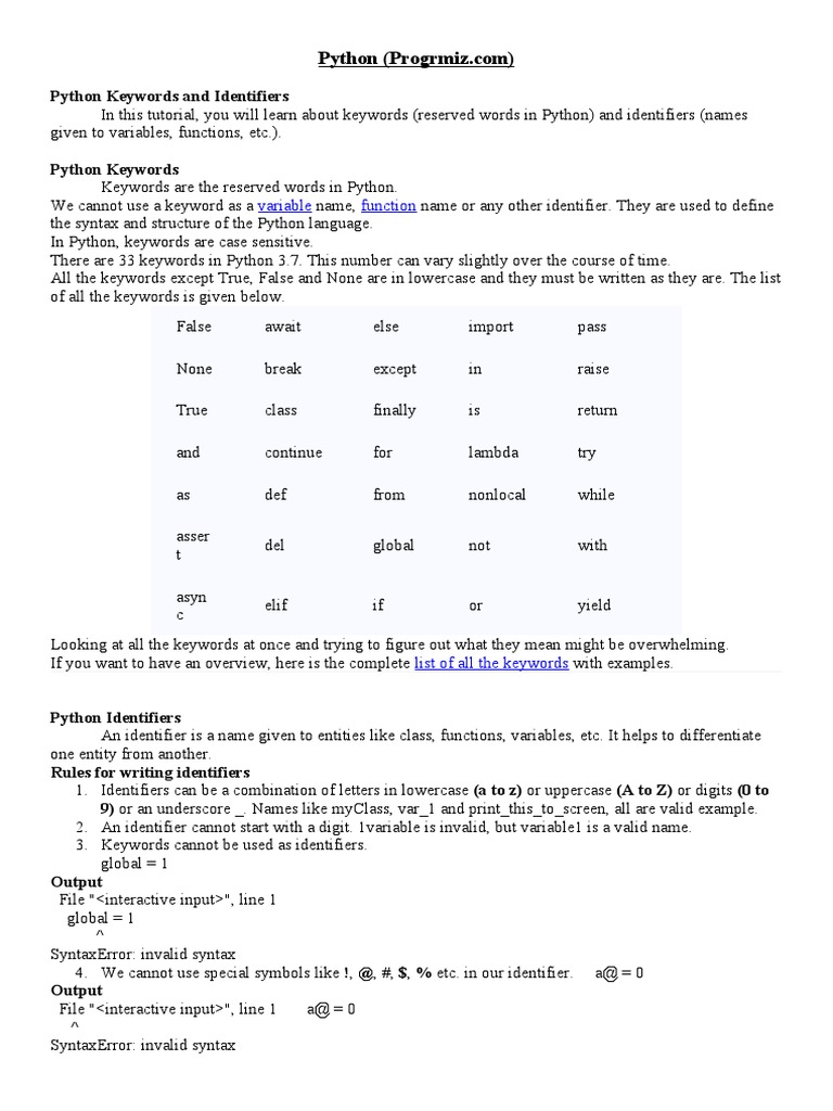 Python Keywords, Identifiers, Variables and Constants (Progrmiz.com ...