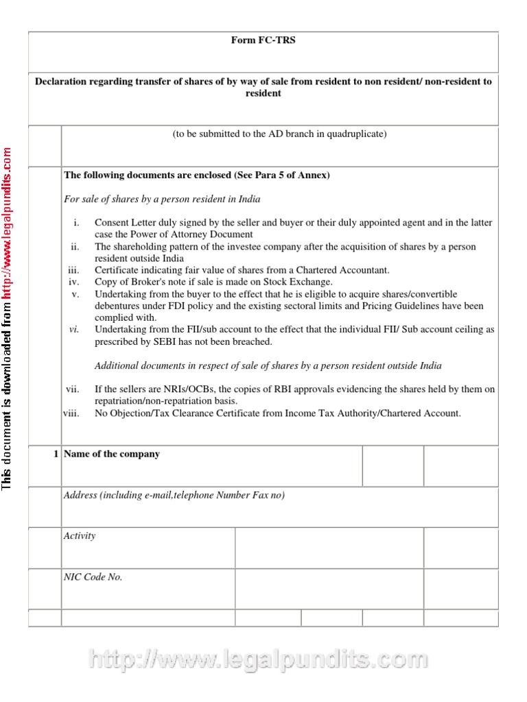 For Sale of Shares by A Person Resident in India: Form FC-TRS | PDF ...