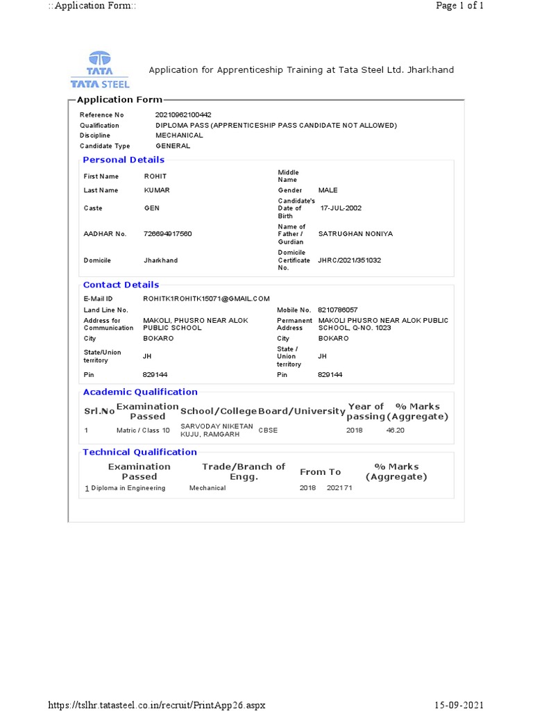 Application For Apprenticeship Training at Tata Steel Ltd. Jharkhand Application Form PDF