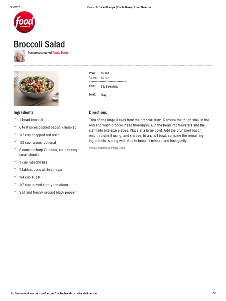 Broccoli Salad Recipe Paula Deen Food Network PDF