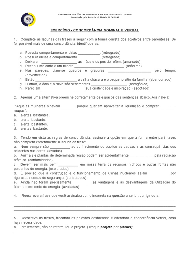 Exercício - Concordância Nominal e Verbal | PDF
