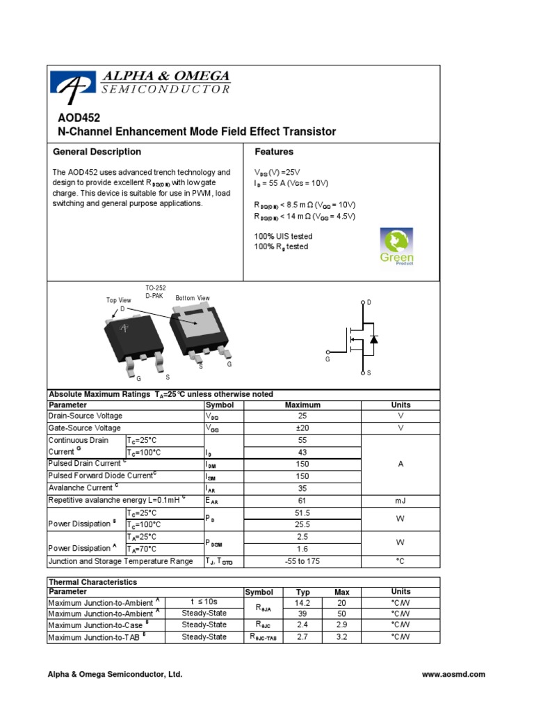 D452 AlphaOmegaSemiconductors | PDF | Field Effect Transistor | Diode
