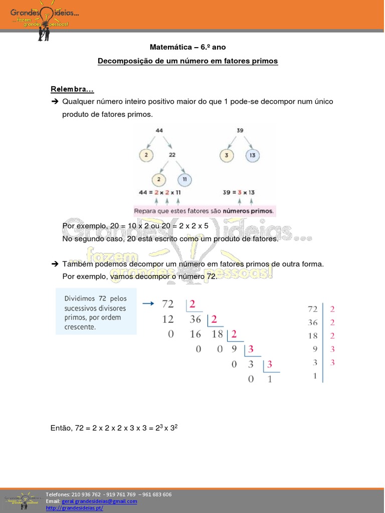 Decomposição em Fatores Primos - 6º Ano | PDF | Número primo | Matemática
