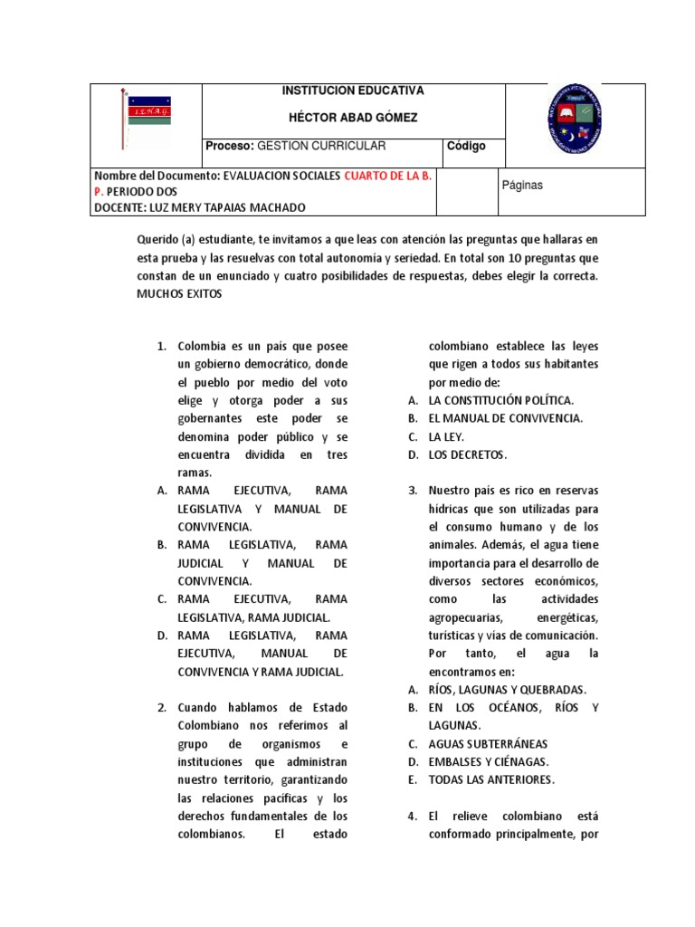 Evaluación de Sociales Grado Cuarto | PDF | Colombia | Andes