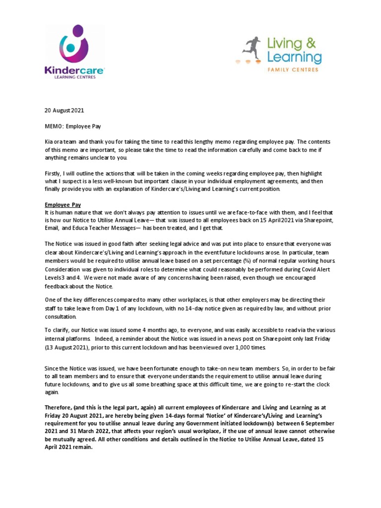 Kindercare Employee Memo PDF Employment Salary