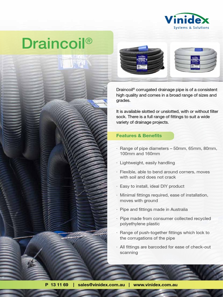 Draincoil Features & Benefits PDF Pipe (Fluid Conveyance) Yarn