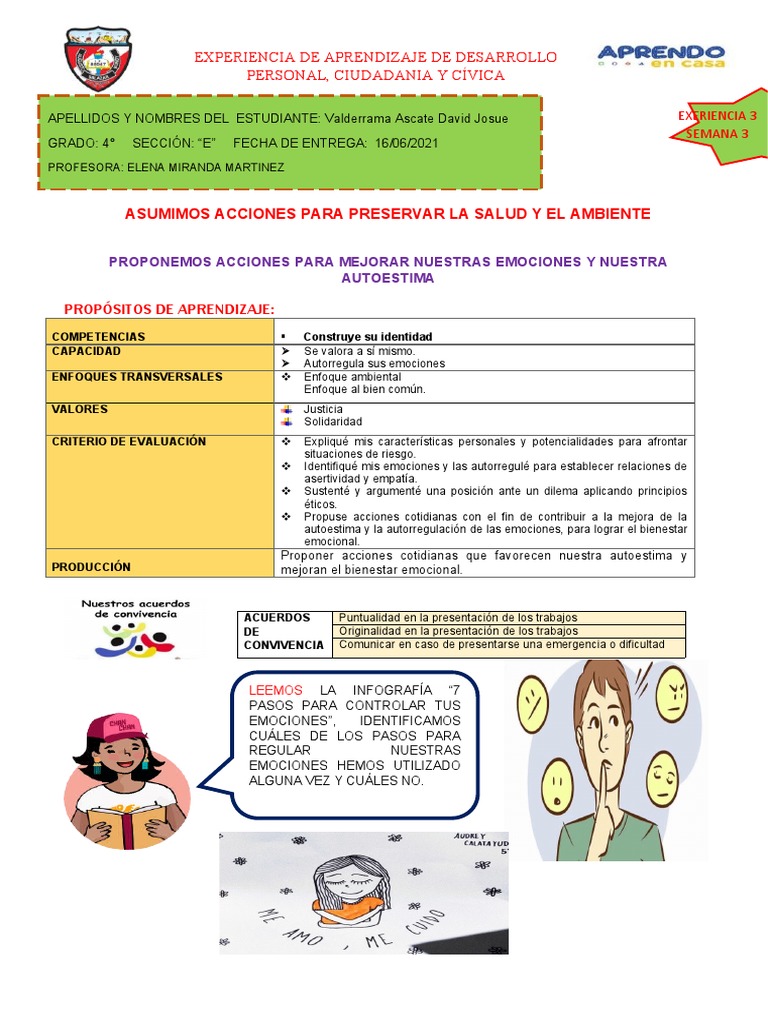 Cuarto 3 Experienciia - 3 Ficha DPCC | PDF | Las emociones | Autoestima