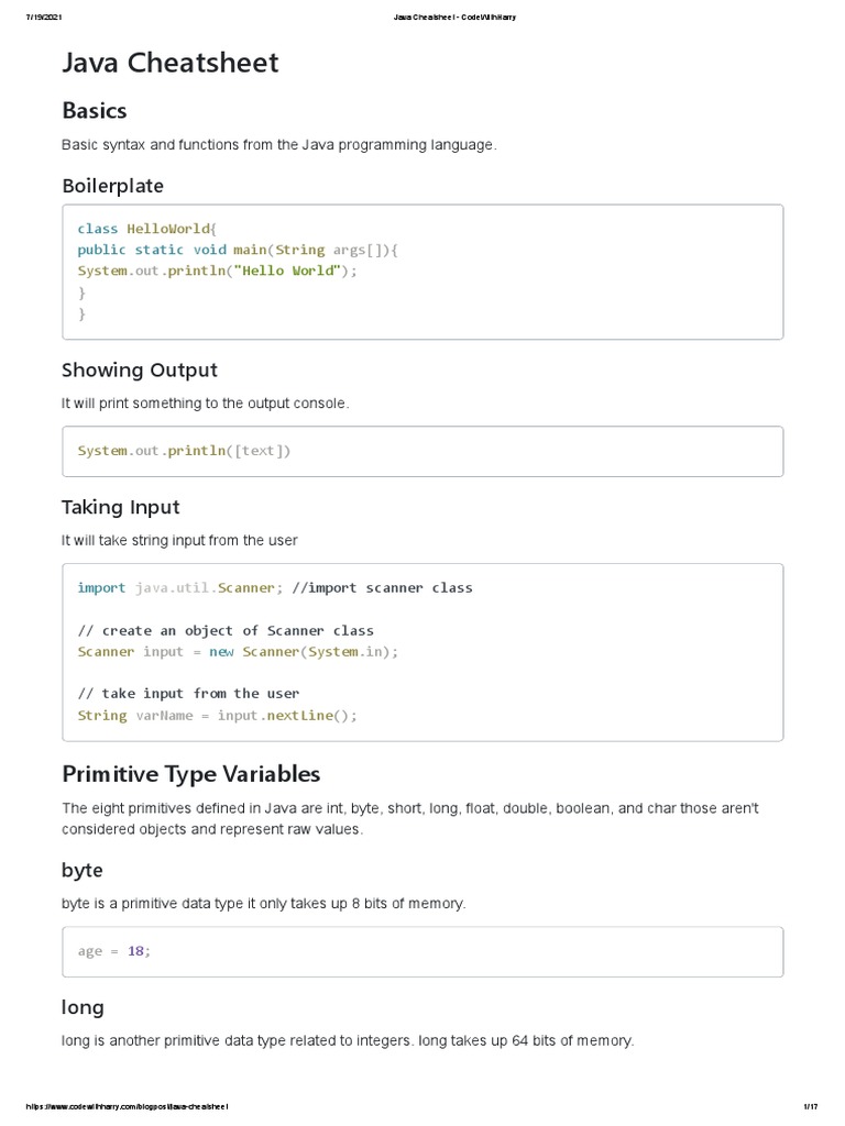 Java Syntax Cheat Sheet