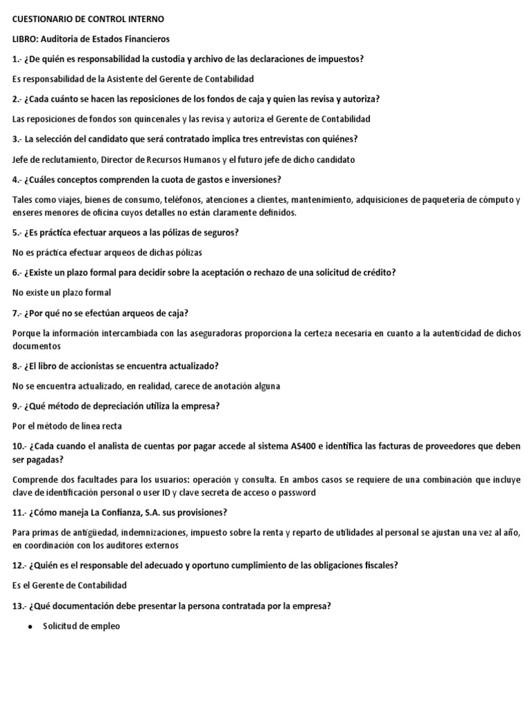 Cuestionario de Control Interno Financiero | PDF | Auditoría | Contabilidad