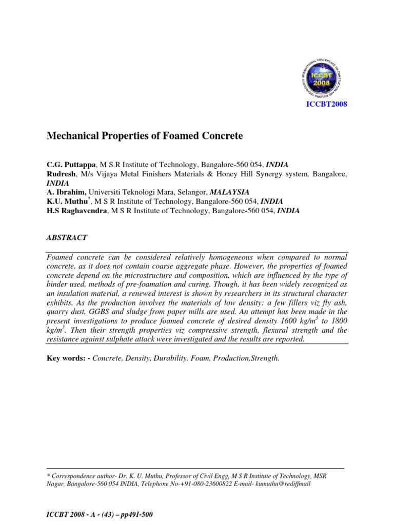 UNITEN ICCBT 08 Mechanical Properties of Foamed Concrete | PDF | Fly ...