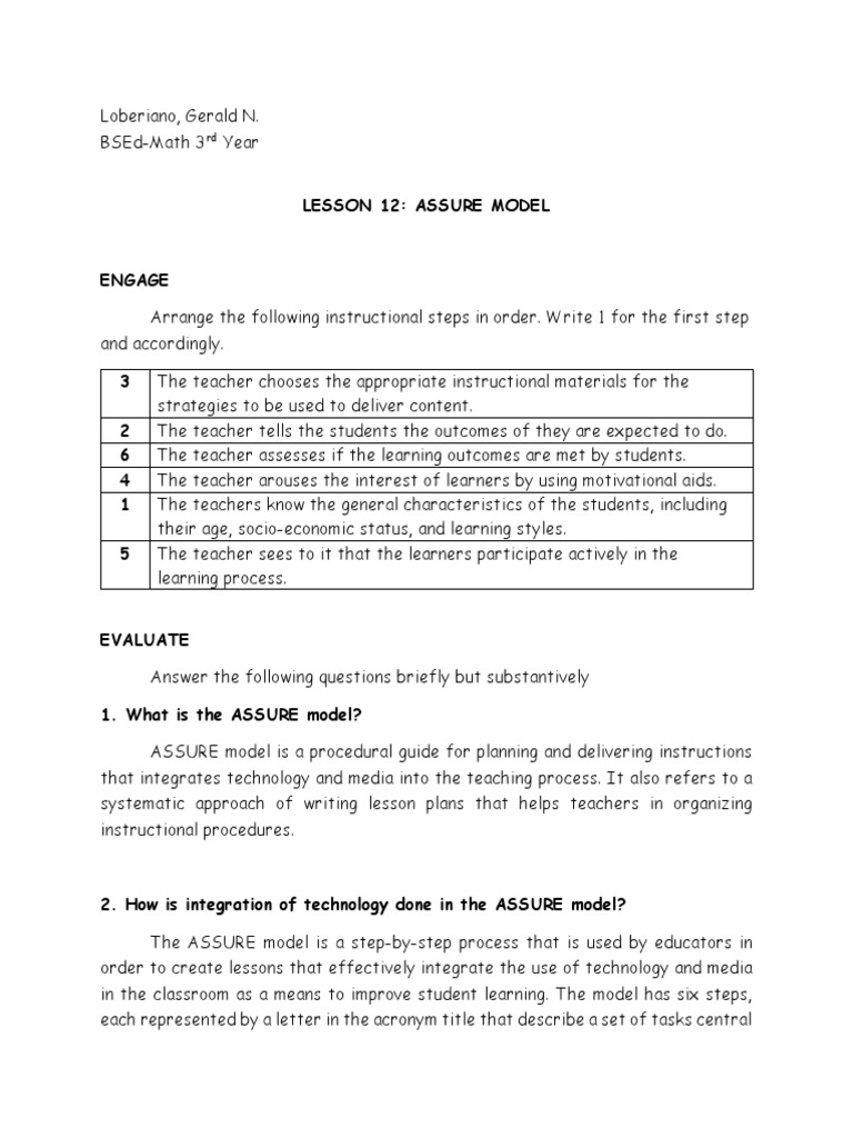 ASSURE Model Lesson Plan for Math | PDF | Learning Styles | Teachers