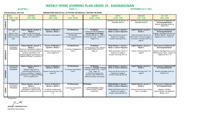 Grade 10 Weekly Study Plan | PDF | Communication | Applied Psychology