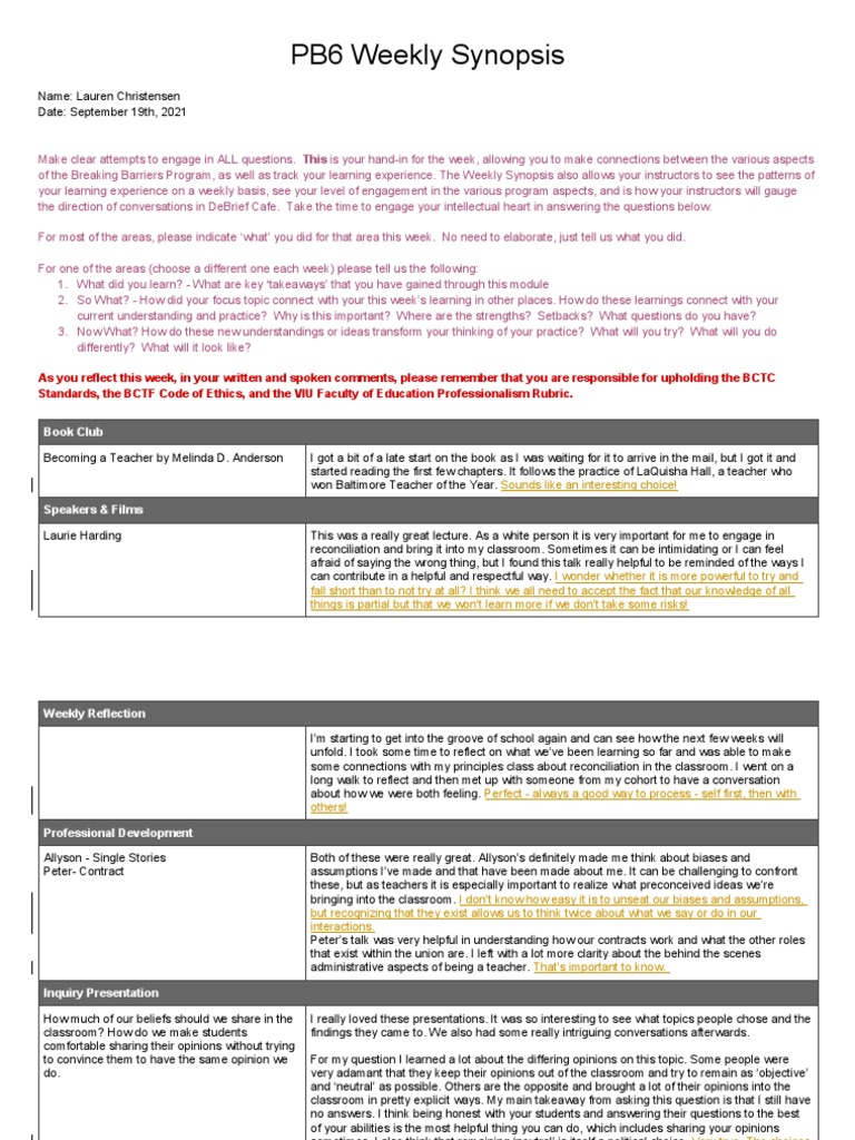 Lauren Christensen pb6 Weekly Synopsis 2021 PDF Classroom