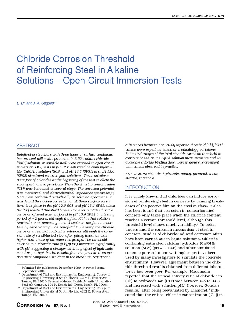 Chloride Corrosion Threshold of Reinforcing Steel in Alkaline Solutions ...