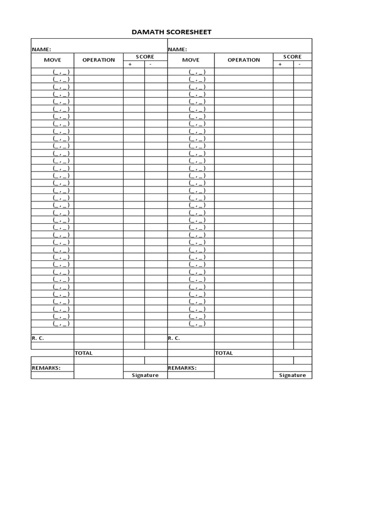 Damath Score Sheet PDF