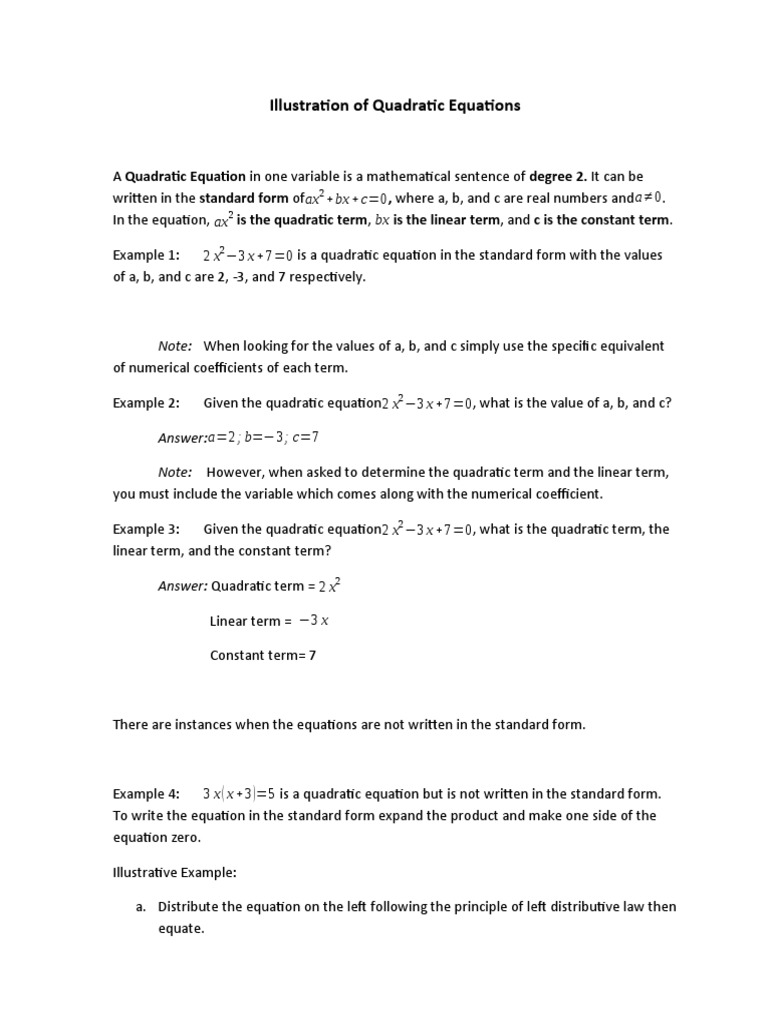 Illustration of Quadratic Equation | PDF | Equations | Variable ...