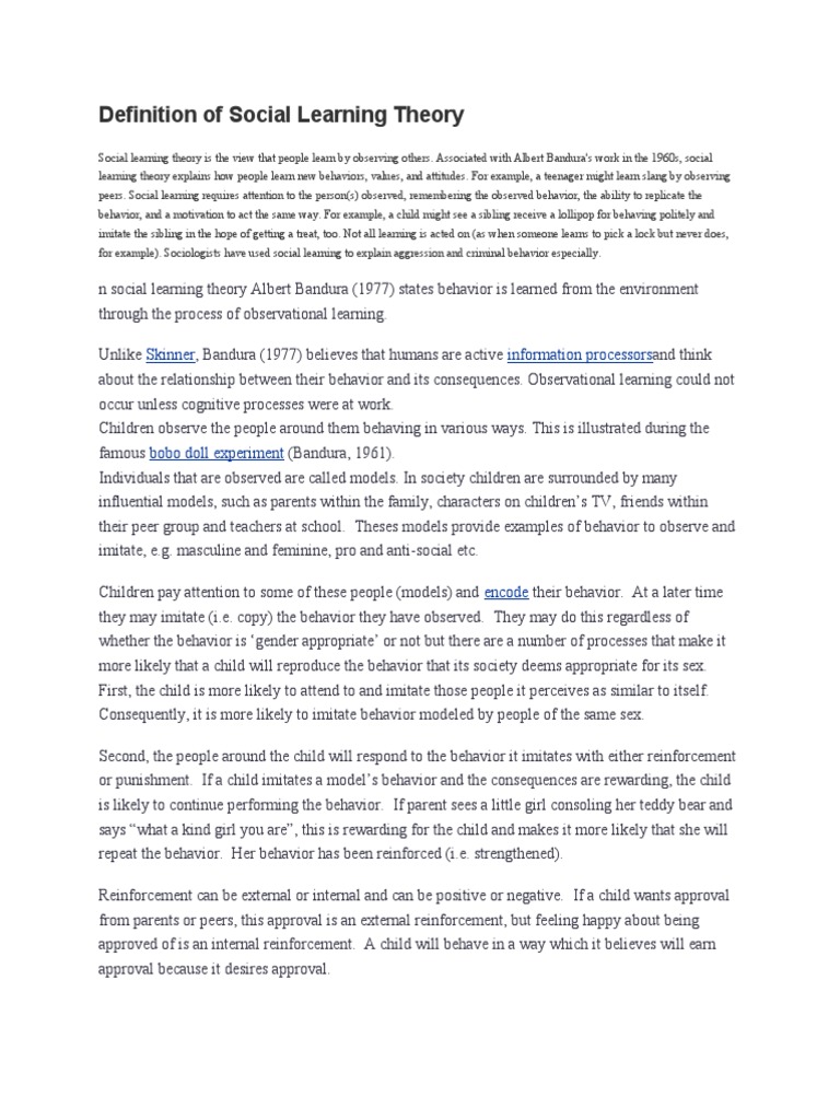 Definition of Social Learning Theory | PDF | Reinforcement | Imitation