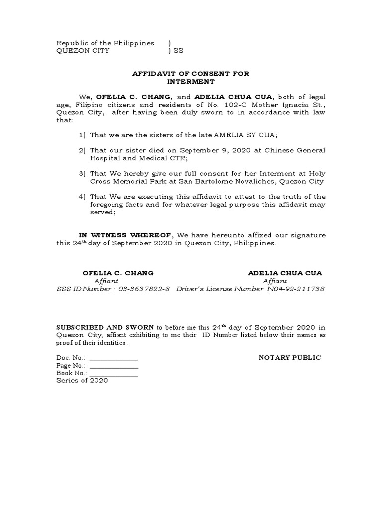 Affidavit of Consent for Interment | PDF