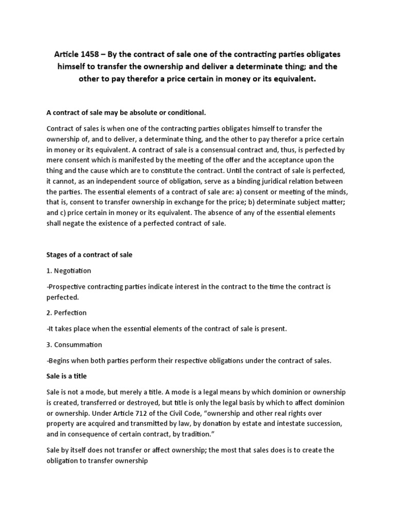 Analysis Of The Essential Elements Of A Contract Of Sale Based On A