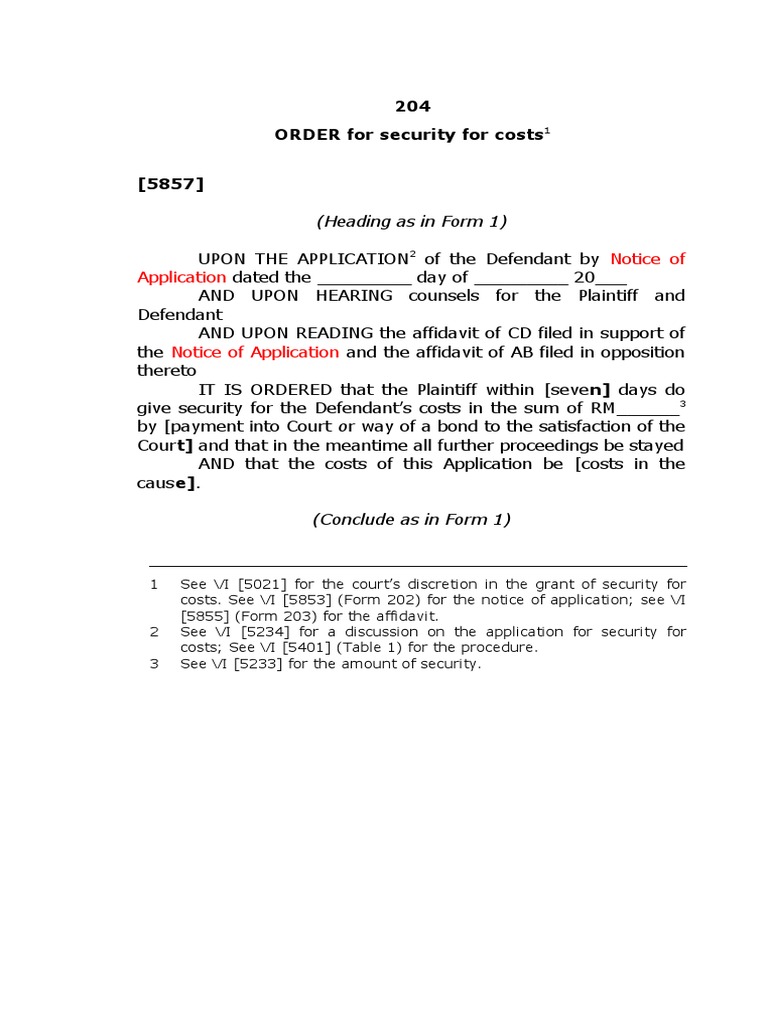 Court Order for Security of Costs | PDF