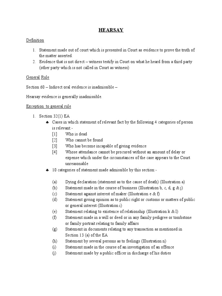 HEARSAY Rules and Exceptions PDF Hearsay Legal Procedure