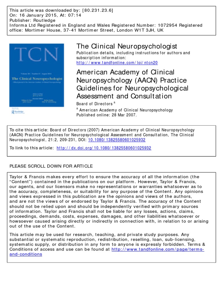 American Academy of Clinical Neuropsychology AACN Practice Guidelines