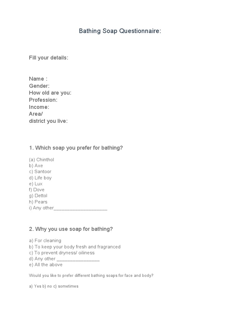 Bathing Soap Questionnaire Fill Your Details PDF