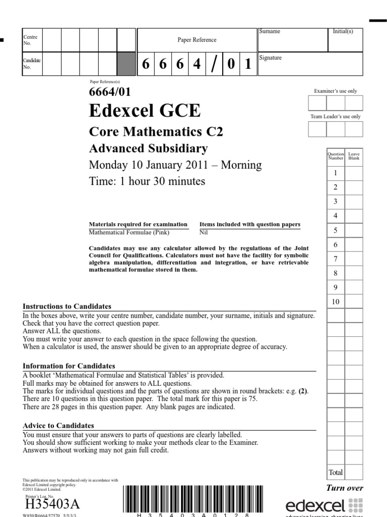 Edexcel Core 2 2011 Jan Exam Paper | PDF | Calculator | Teaching ...