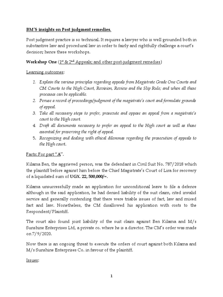 Post-Judgment Remedies Workshop | PDF | Lawsuit | Judgment (Law)