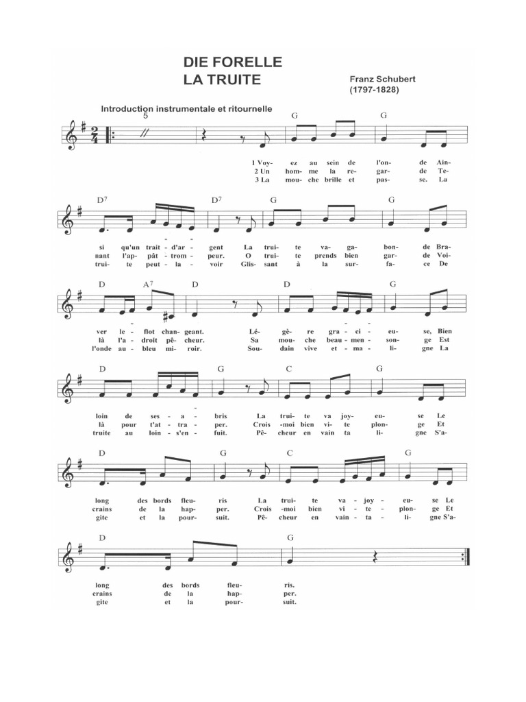 La Truite De Schubert Paroles Et Musique La Truite Partition | PDF