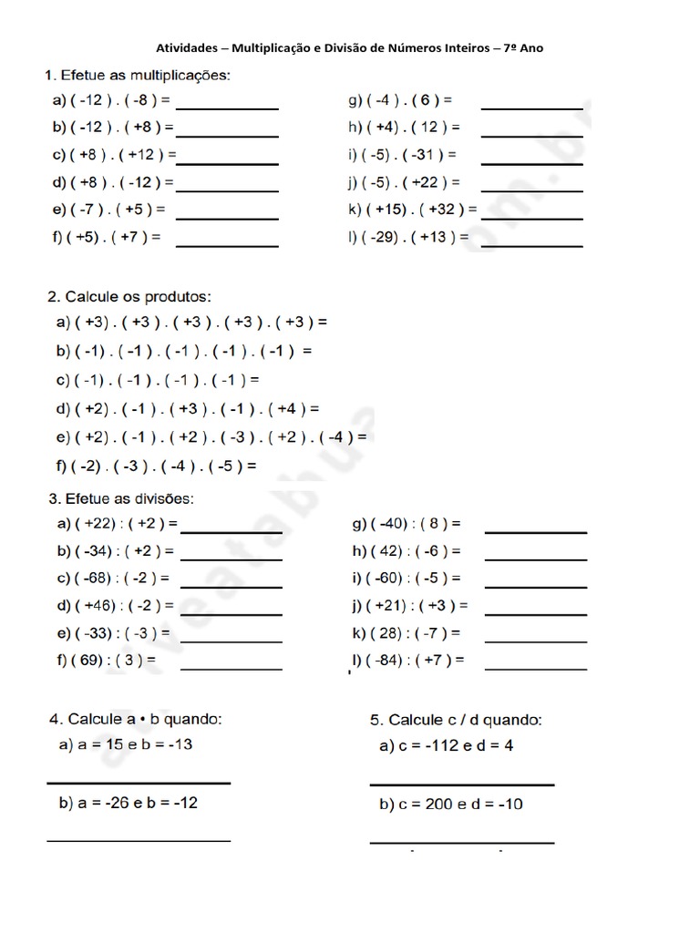 Atividades de Multiplicação e Divisão 7º Ano | PDF