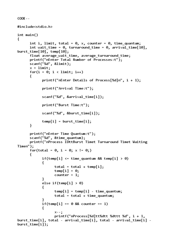 Round Robin Scheduling in C Code | PDF