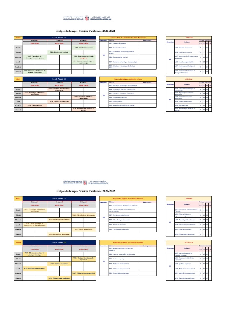 Emploi du temps automne 2021-2022 | PDF | Sciences physiques | Biologie