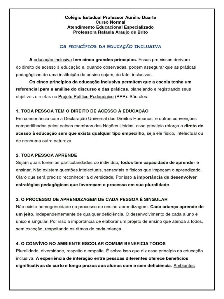 Princípios da Educação Inclusiva | PDF | Inclusão (Educação) | Aprendizado