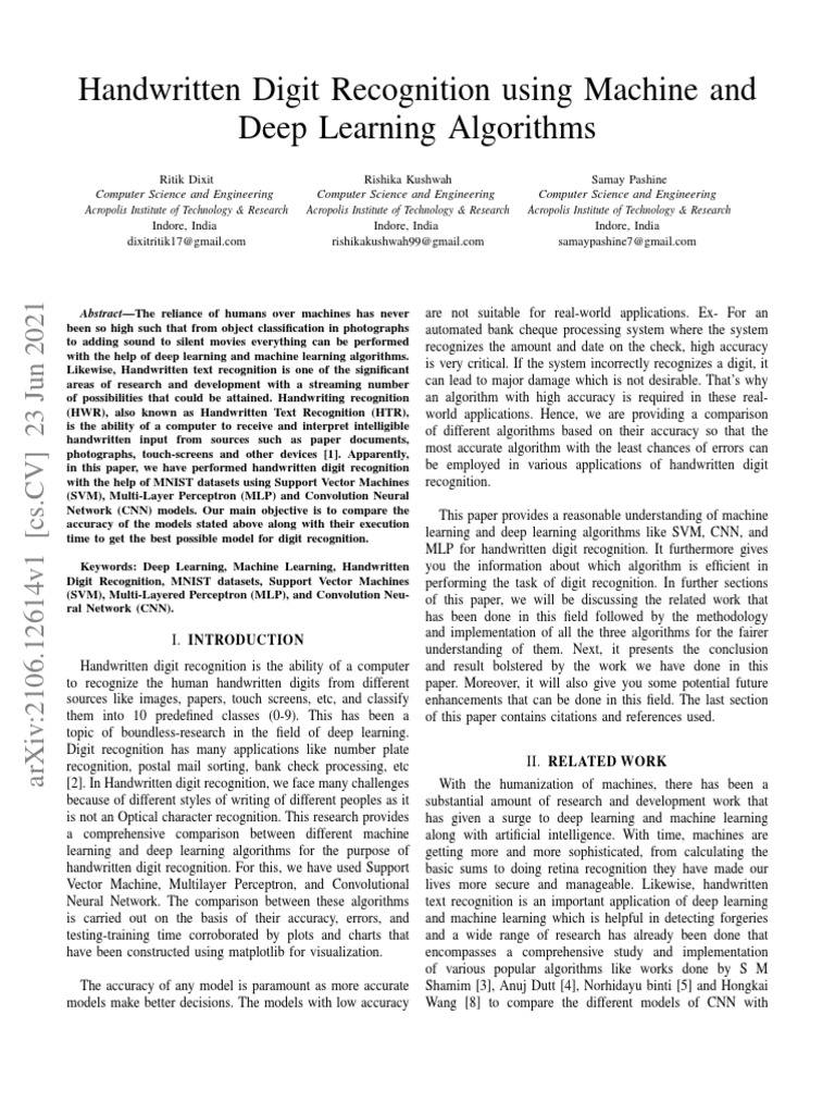Handwritten Digit Recognition Using Machine and Deep Learning ...