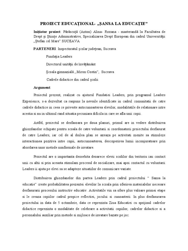 Proiect Educațional Șansa La Educație | PDF