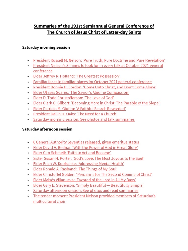 October 2021 General Conference Summaries PDF The Church Of Jesus